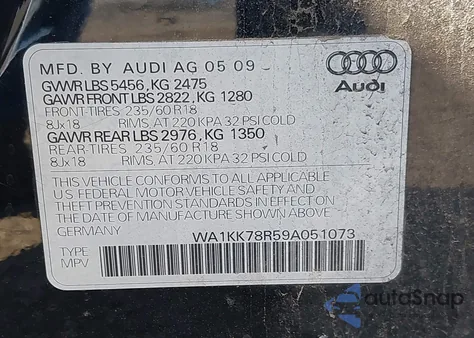 2009 Audi Q5 3.2 Premium from USA, damaged, VIN WA1KK78R59A051073